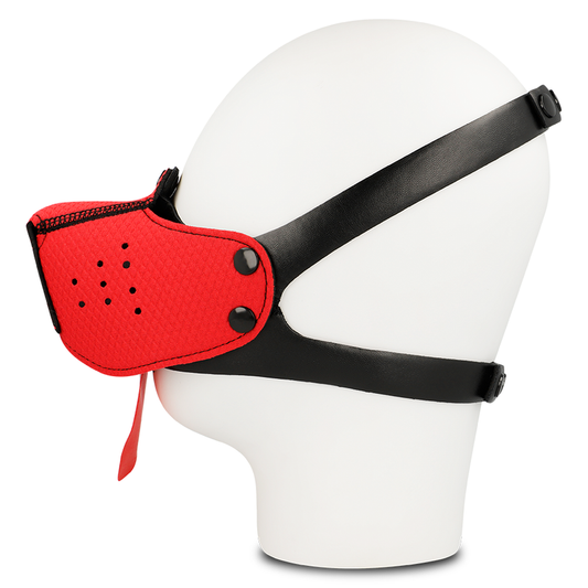 Muso di cane OHMAMA FETISH rosso, maschera in materiale morbido con dettagli realistici, ideale per cosplay e cosplay fetish.