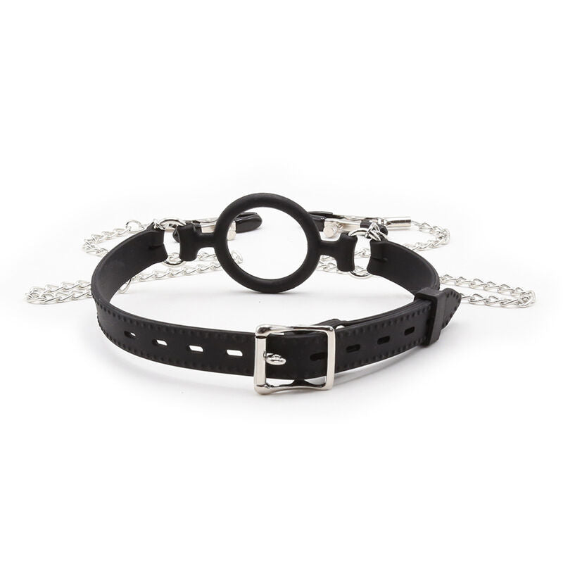 Bavaglio ad anello OHMAMA FETISH con catenelle e pinze per capezzoli, in pelle e metallo, per giochi BDSM e pratiche fetish