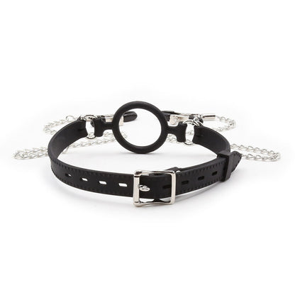 Bavaglio ad anello OHMAMA FETISH con catenelle e pinze per capezzoli, in pelle e metallo, per giochi BDSM e pratiche fetish