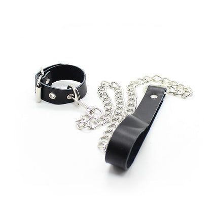 Collana e cinturino in pelle con catena in metallo, prodotto OHMAMA FETISH, accessorio erotico in pelle e metallo.