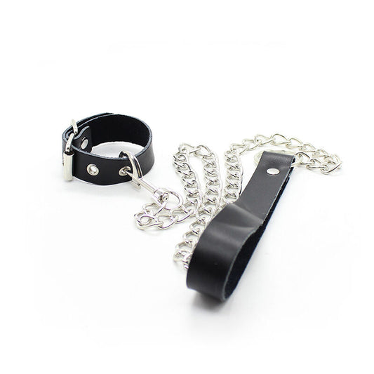 Collana e cinturino in pelle con catena in metallo, prodotto OHMAMA FETISH, accessorio erotico in pelle e metallo.