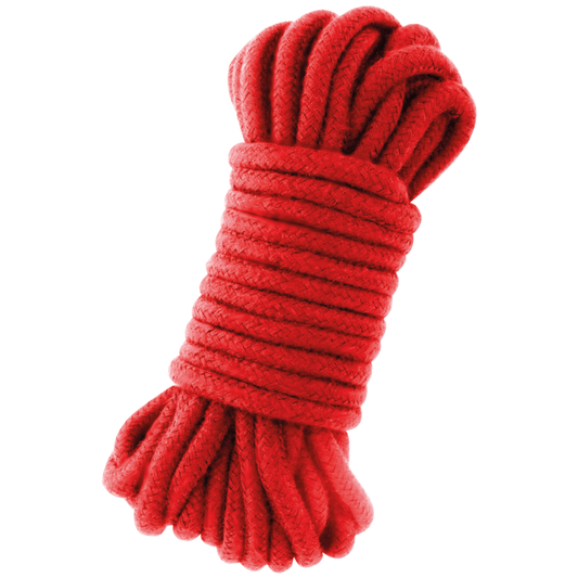 Corda rossa di 5 metri OHMAMA FETISH FETISH, mostrata distesa con dettagli di texture e lunghezza visibile sullo sfondo