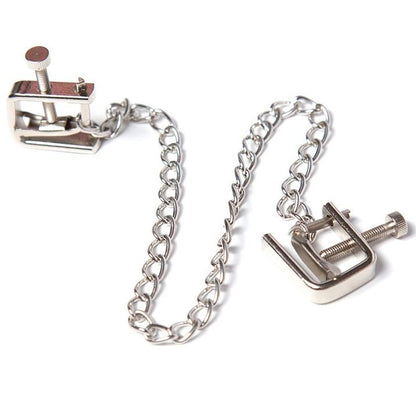 Morsetti a vite in metallo con catena OHMAMA FETISH, accessori BDSM in acciaio, con dettagli robusti e resistente.
