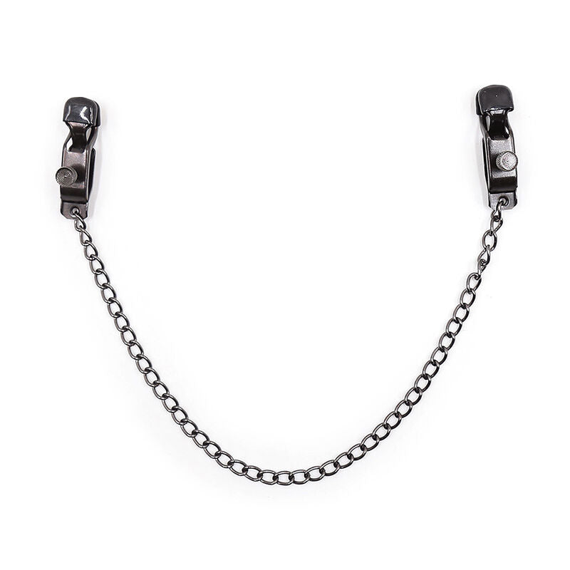 Fetish OHMAMA in metallo con catena nera, morsetti regolabili e dettagli metallici, ideale per giochi BDSM e fetish.