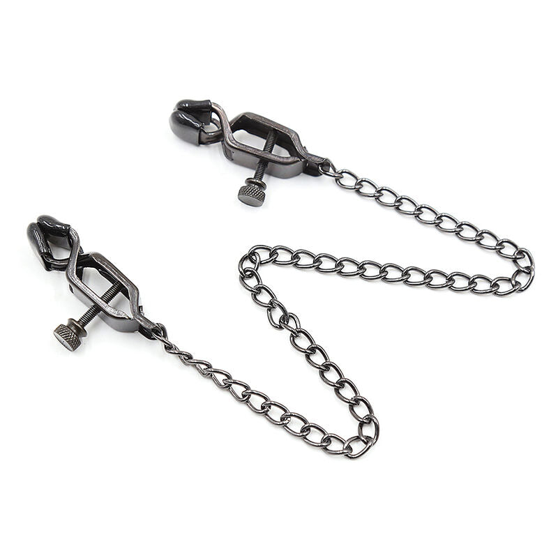 Fetish OHMAMA in metallo con catena nera, morsetto regolabile, dettagli metallici e finitura nera, ideale per giochi di ruolo.