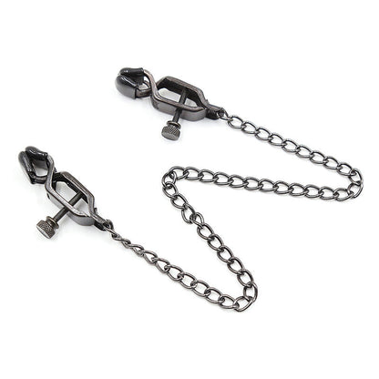 Fetish OHMAMA in metallo con catena nera, morsetto regolabile, dettagli metallici e finitura nera, ideale per giochi di ruolo.