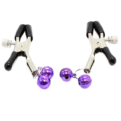 Morsetti per capezzoli OHMAMA FETISH con campanella lilla, accessori BDSM in metallo con dettagli decorativi.