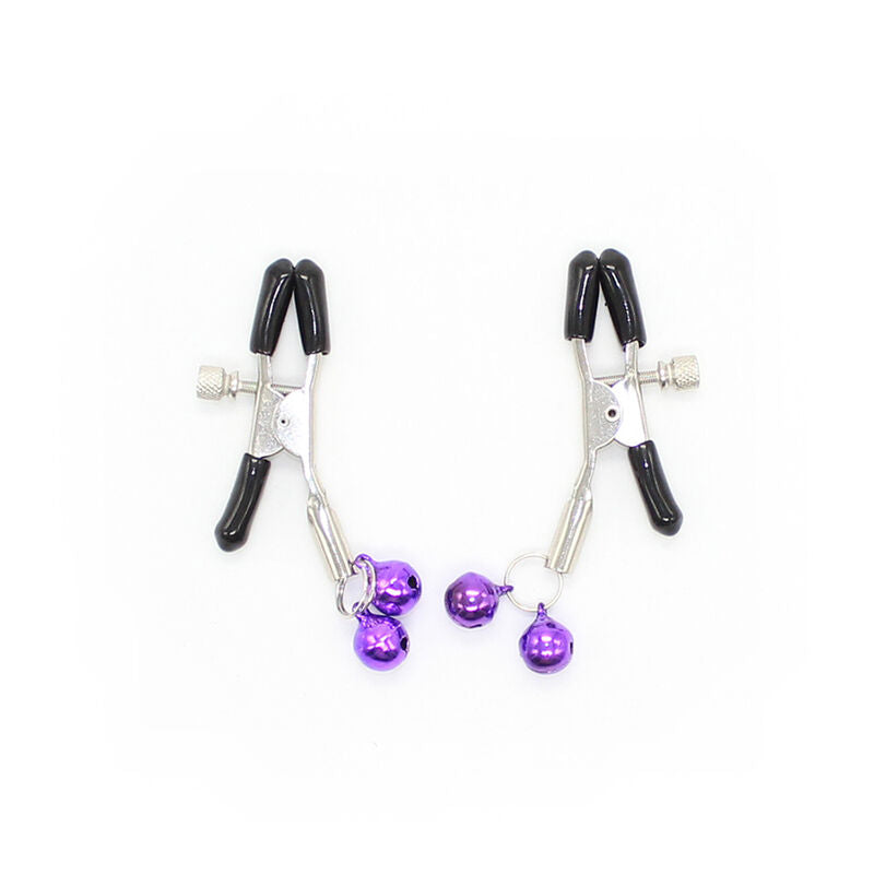 Morsetti per capezzoli OHMAMA FETISH con campanella lilla, accessori fetish in metallo con dettagli decorativi colorati