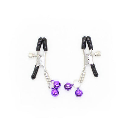Morsetti per capezzoli OHMAMA FETISH con campanella lilla, accessori fetish in metallo con dettagli decorativi colorati