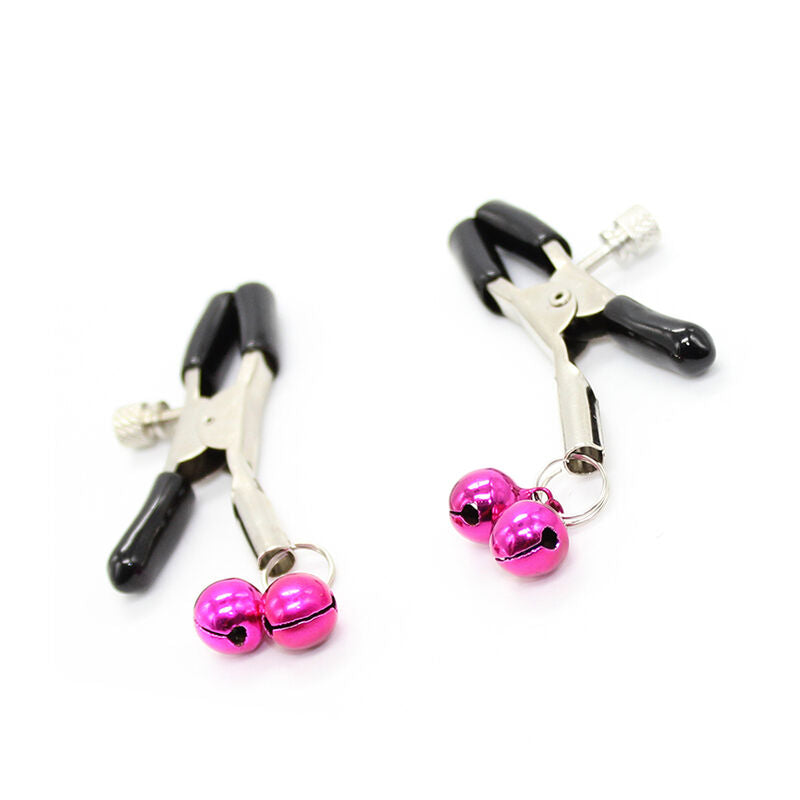 Morsetti per capezzoli OHMAMA FETISH con campanella rosa, dettagli in tessuto morbido e decorativo, ideale per giochi sensoriali.