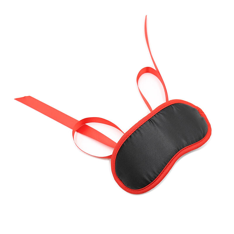 Maschera fetish nera OHMAMA Bordi Rossi, con dettagli eleganti e design audace, ideale per look alternativi e dark.