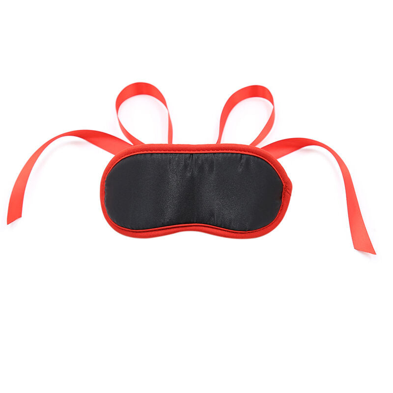 Maschera fetish nero OHMAMA Bordi Rossi, con dettagli eleganti e design avvolgente, perfetta per cosplay e eventi a tema.