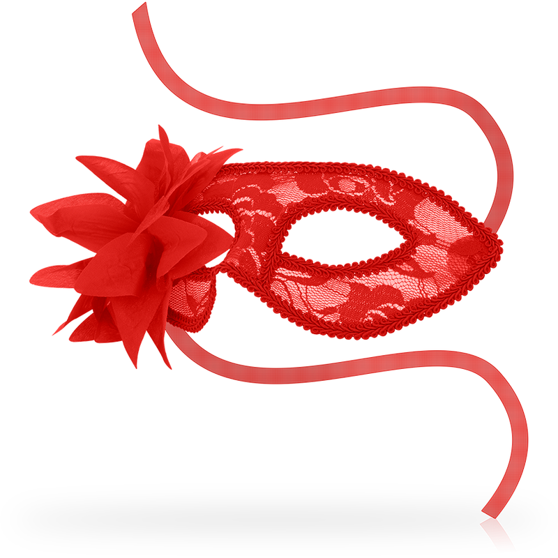 Maschera OHMAMA con pizzo e fiore rosso, elegante e decorativa, in tessuto con dettagli raffinati e design femminile.