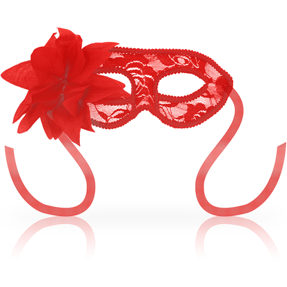 Maschera OHMAMA con pizzo e fiore rosso, elegante e dettagliata, perfetta per un look raffinato e femminile.
