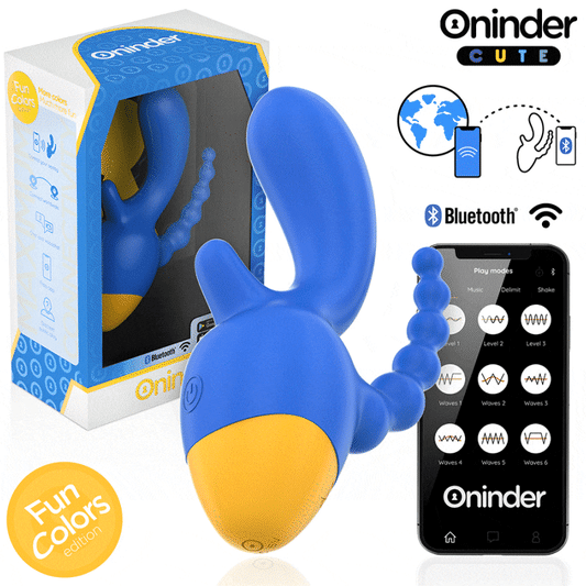 Vibratore triplo ONINDER CUTE LOVE 3 SOME con app gratuita, dispositivo di piacere innovativo e colorato, visibile in immagine.