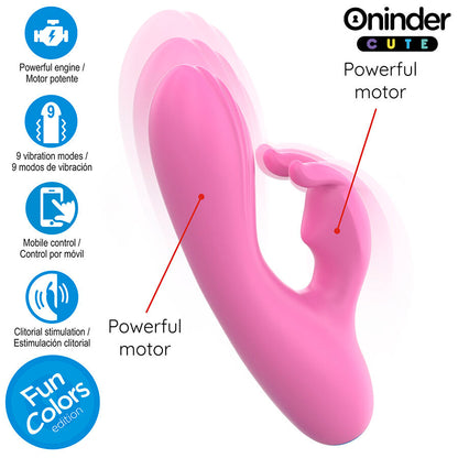 Vibratore coniglietto ONINDER CUTE per punto G e clitoride, design adorabile, con app gratuita, dettagli visivi del prodotto.