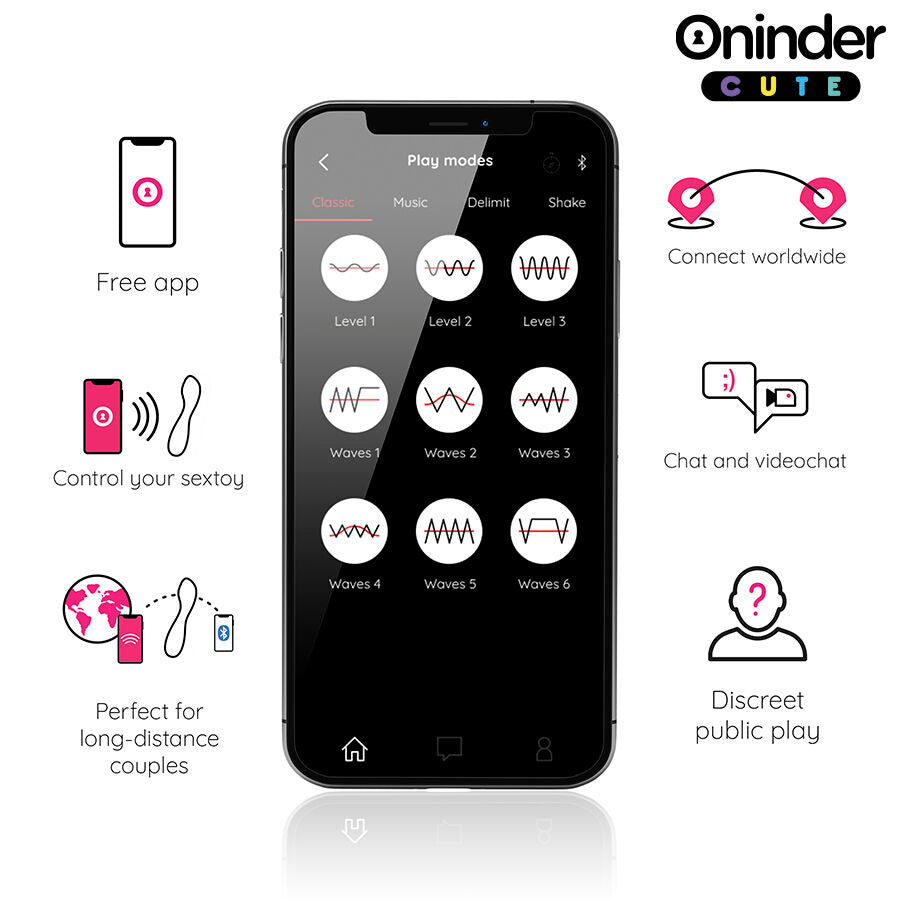 Vibratore Punto G ONINDER CUTE Love Buddy Master con controllo tramite app su dispositivo mobile, design compatto e colorato.