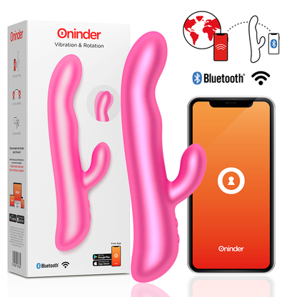 Dispositivo ONINDER Oslo rosa con vibrazione e rotazione, controllato tramite app gratuita, visibile in immagine.
