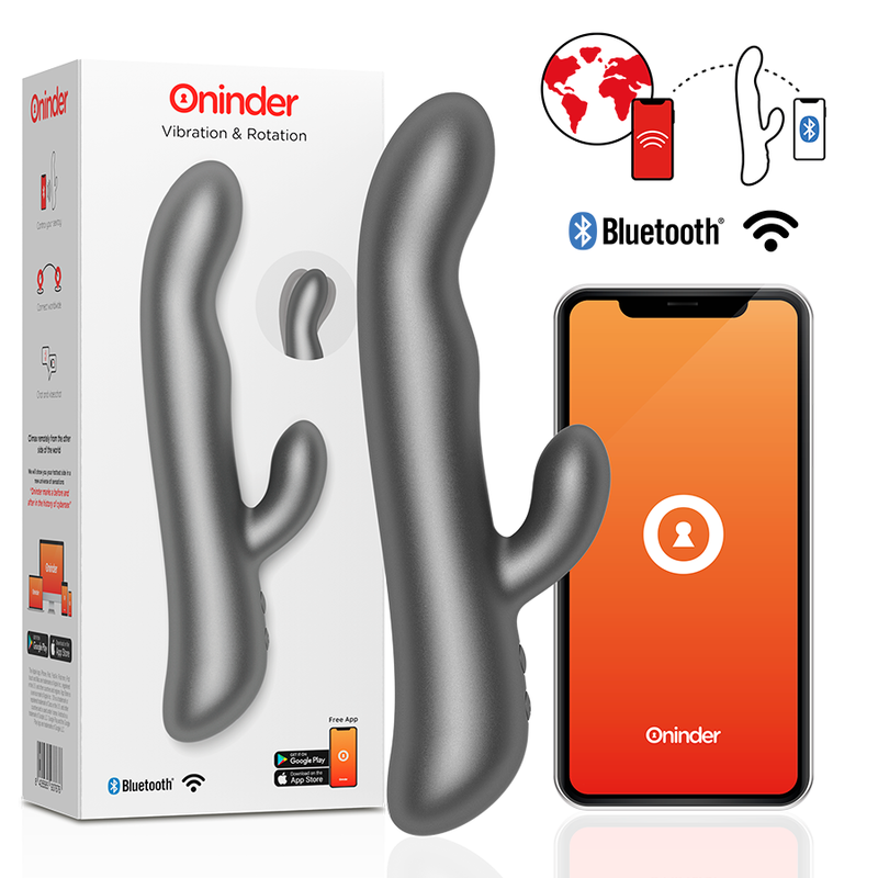 Dispositivo ONINDER Oslo rosa con vibrazione e rotazione, mostrato con l'app gratuita su schermo.