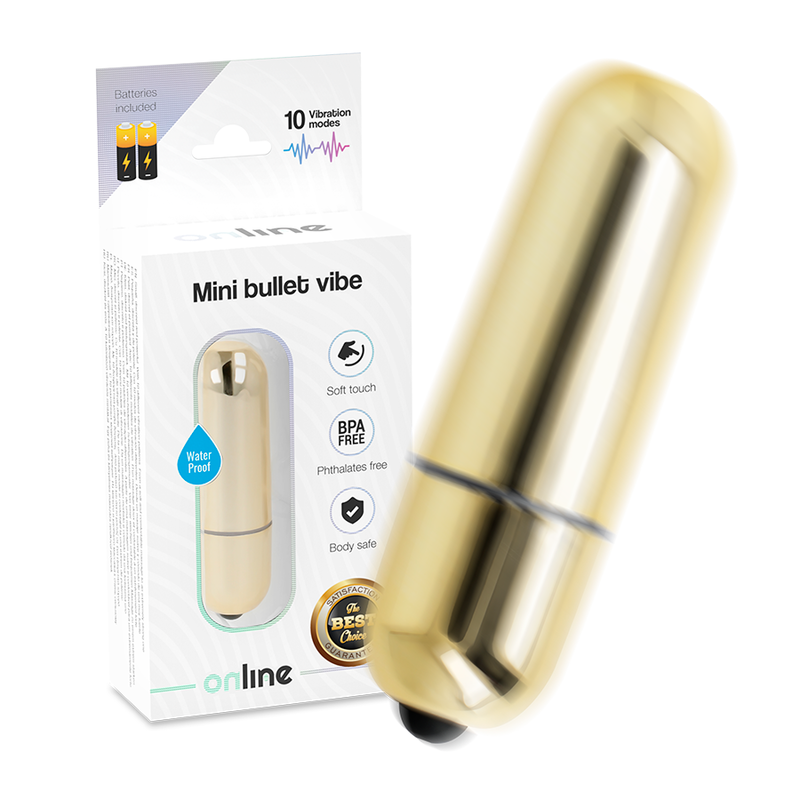 Mini proiettore vibrante dorato ONLINE, compatto e colorato, con dettagli luminosi e superficie riflettente.