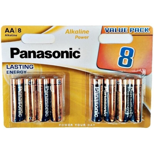 Set di 8 batterie alcaline Panasonic AA LR6 in blister, ideale per dispositivi domestici e elettronici.