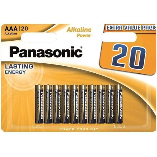 Batterie alcaline AAA LR03 Panasonic, confezione da 20 pezzi, con involucro in bronzo, ideali per dispositivi portatili.