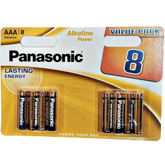 Batterie alcaline AAA Bronzo Panasonic LR03 in blister da 8 pezzi, ideale per dispositivi portatili e elettronici domestici.