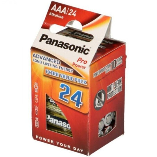 Batterie alcaline AAA Panasonic Pro Power LR03 in confezione da 24, ideali per dispositivi elettronici affidabili.