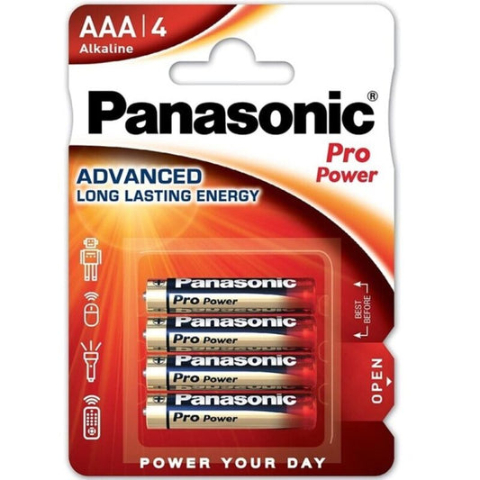 Batterie alcaline AAA Panasonic Pro Power LR03 in blister da 4, iconiche e affidabili per dispositivi portatili