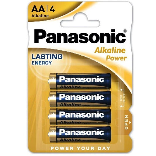 Batterie AA LR6 in bronzo Panasonic, confezione da 4 pezzi, ideale per dispositivi portatili e elettronica domestica.