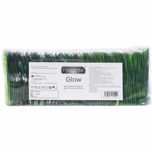 Busta di preservativi Pasante Glow, confezione da 144 unità, con confezione colorata e simboli di luminosità.