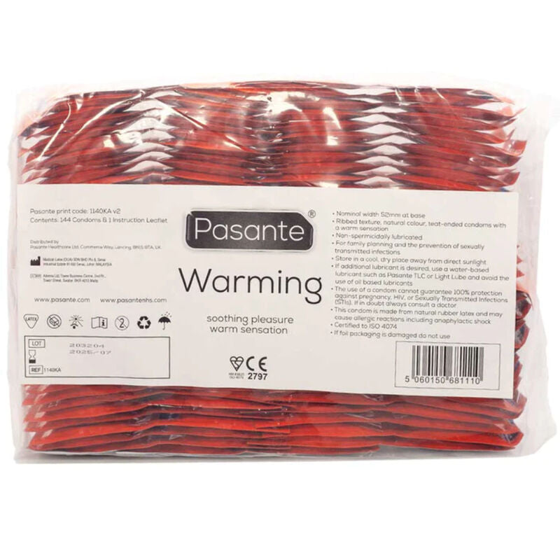 Busta per preservativi Pasante effetto riscaldante con 144 unità, confezione con preservativi maschili di diverse dimensioni