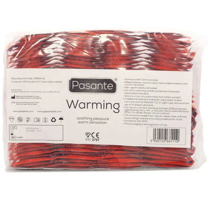 Busta per preservativi Pasante effetto riscaldante con 144 unità, confezione con preservativi maschili di diverse dimensioni