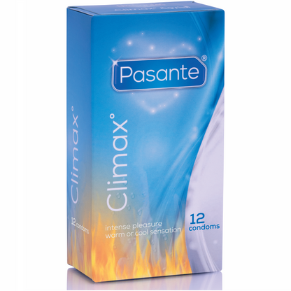 Confezione da 12 preservativi Pasante Climax con 6 effetti caldi e 6 effetti freddi, confezione chiusa con logo e dettagli.