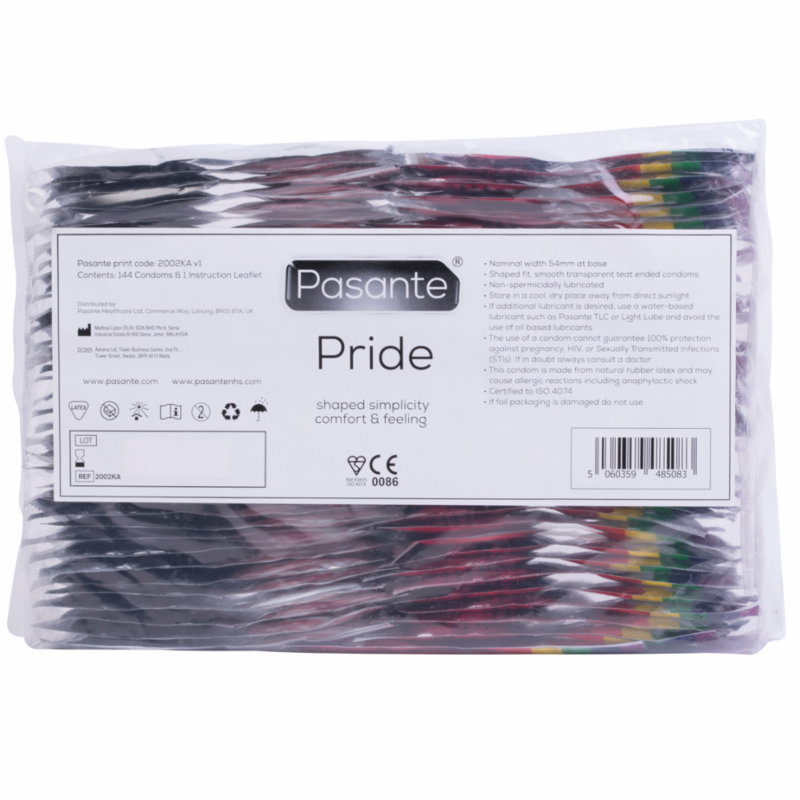 Confezione da 144 preservativi Pasante Formato Gay Pride, scatola con design colorato e logo Pasante visibile.