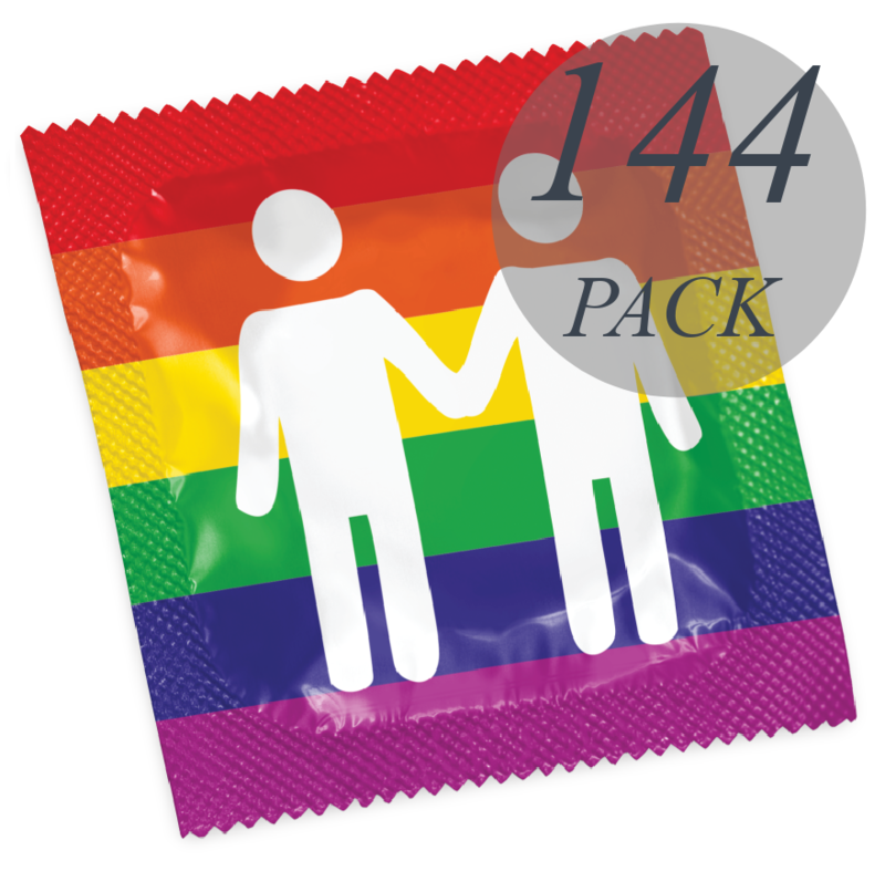 Confezione da 144 preservativi Pasante Formato Gay Pride, confezione colorata con simboli arcobaleno e marchio Pasante.