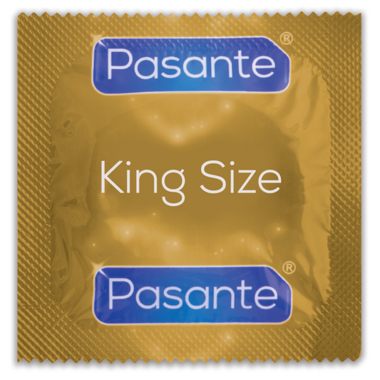 Preservativi Pasante King MS lunghi e larghi, confezione da 12 unità, confezione con preservativi in lattice naturale.