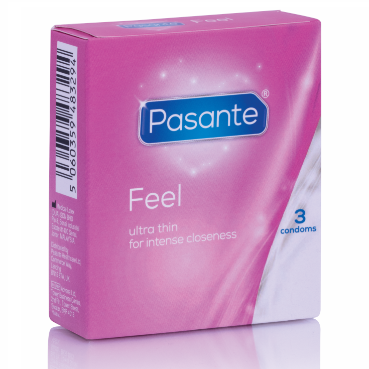 Preservativi sensibili ultra sottili Pasante, confezione da 3 unità, visibili nella confezione con dettagli delicati.