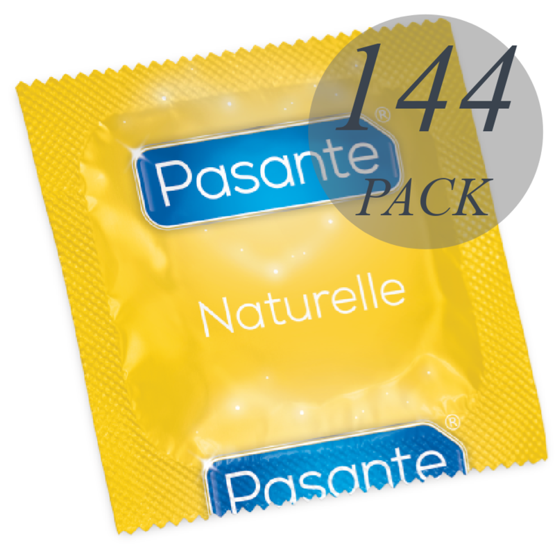 Preservativi Pasante Il Preservativo Naturelle Gamma, confezione da 144 unità, imballaggio con preservativi naturali.