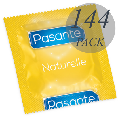 Preservativi Pasante Il Preservativo Naturelle Gamma, confezione da 144 unità, imballaggio con preservativi naturali.