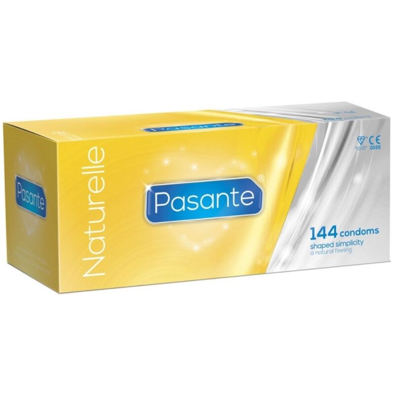 Preservativi naturali PASANTE, confezione da 144 pezzi, con profilatura e lubrificazione per maggiore comfort e sicurezza.