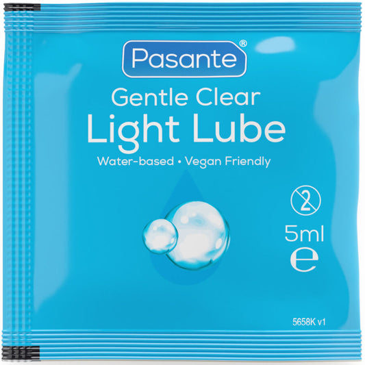 Lubrificante leggero a base d'acqua Pasante da 5 ml, confezione singola, con etichetta blu e contenuto trasparente.