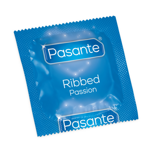 Preservativi Pasante a punteggi MS Placer, confezione da 12 unità, con dettagli visivi sulla scatola e i preservativi.
