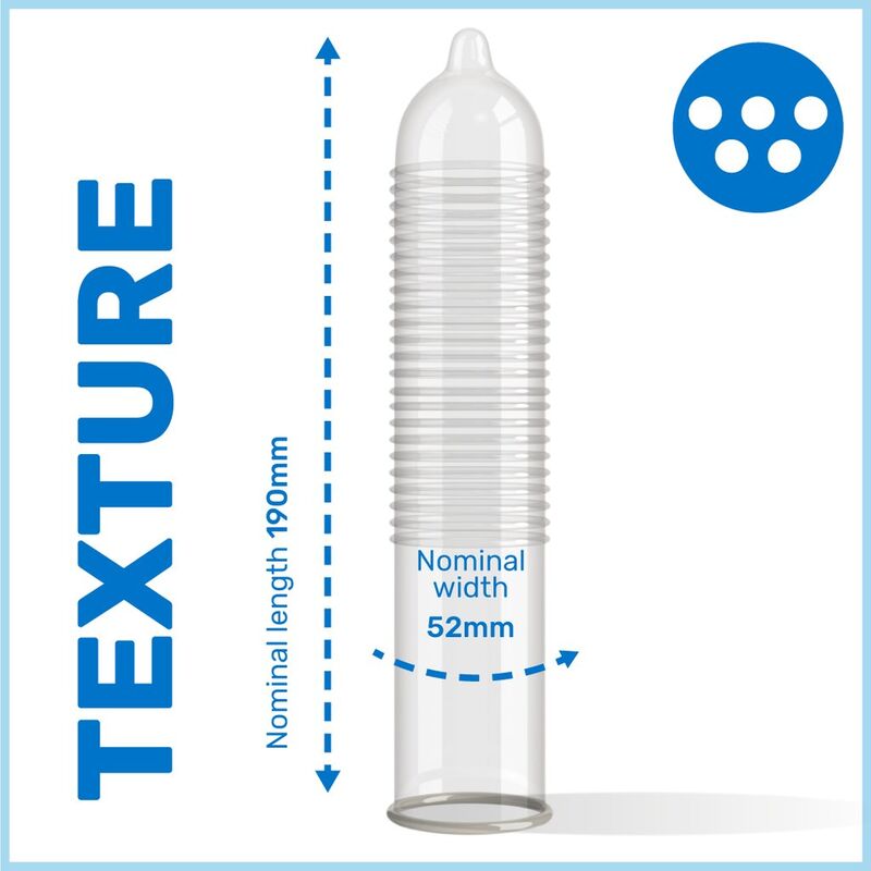 Preservativi Pasante a punteggi MS Placer, confezione da 12 unità, con dettagli visibili sulla confezione e il design del prodotto