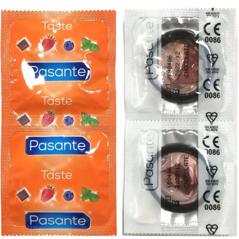 Preservativi al gusto cioccolato Pasante, confezione da 144 pezzi, con borsa tentazione, immagine del prodotto.