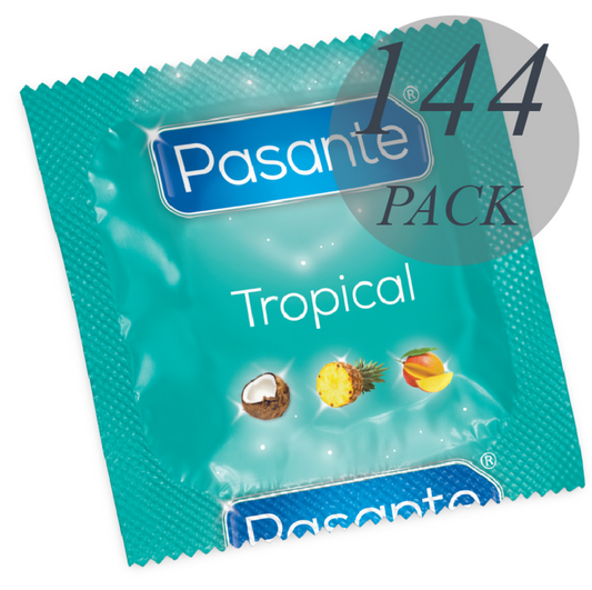 Preservativi Pasante Borsa Tropicale, confezione da 144 unità, con design colorato e tropicale, per protezione sicura.