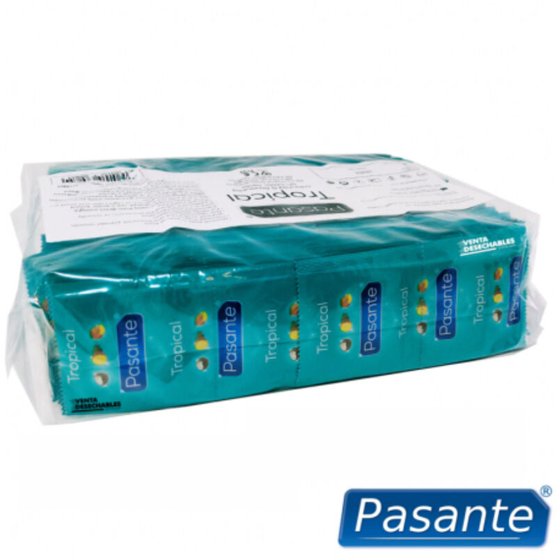 Preservativi Pasante Borsa Tropicale, confezione da 144 unità, con confezione colorata e design tropicale.