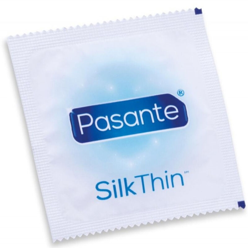 Preservativi di seta più sottile Pasante, confezione da 144 unità, visione della scatola con dettagli del prodotto.
