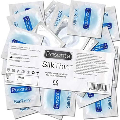 Preservativi Pasante di seta più sottile, confezione da 144 unità, con confezione e dettagli del prodotto visibili.