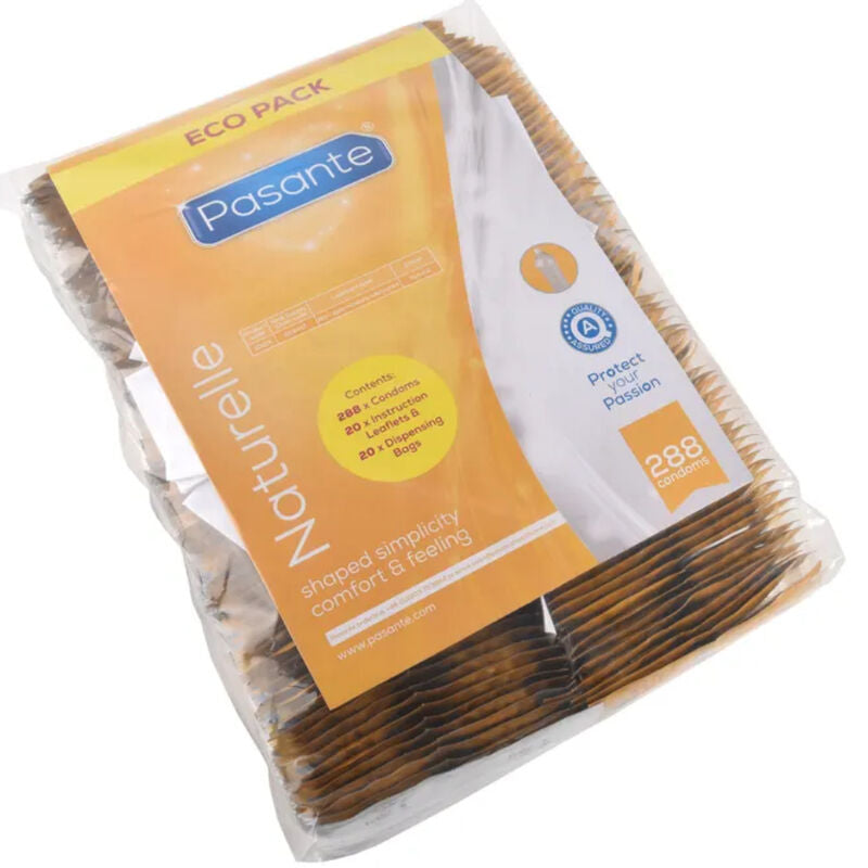 Preservativi Pasante Eco Pack Naturelle in borsa con 288 unità, confezione di preservativi naturali e sostenibili.